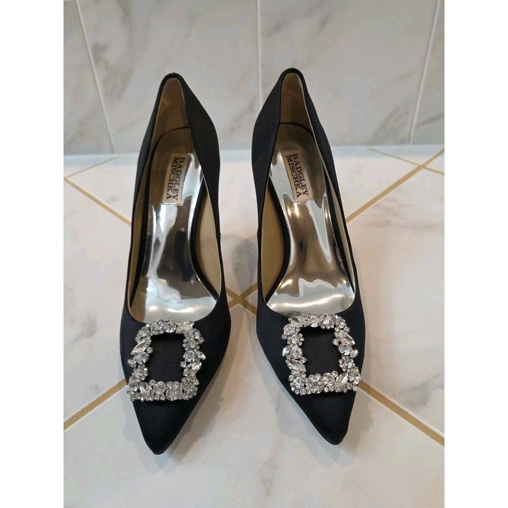 Badgley Mischka Black Satin Rhinestone Pointed Toe Stiletto Heels US 9